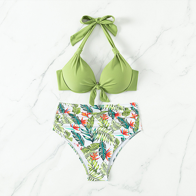 Chartreuse 1960S Tropical Tie Halter Swimsuit